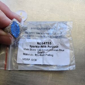 Bomb Party Size 7 Ring. Lab Created Ocean Blue Quartz With Rhodium Plating.